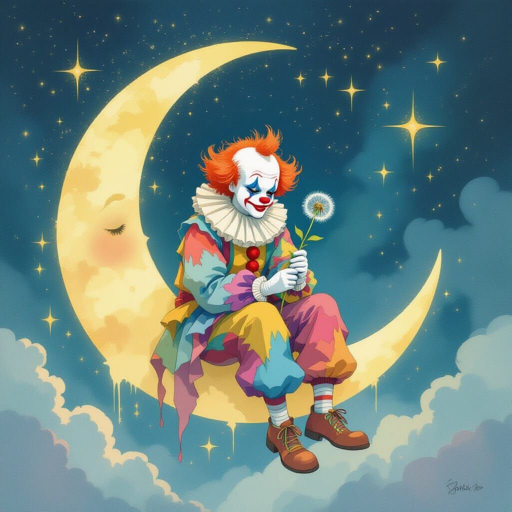 Melancholic Clown on Moon in Cosmic Watercolor Style