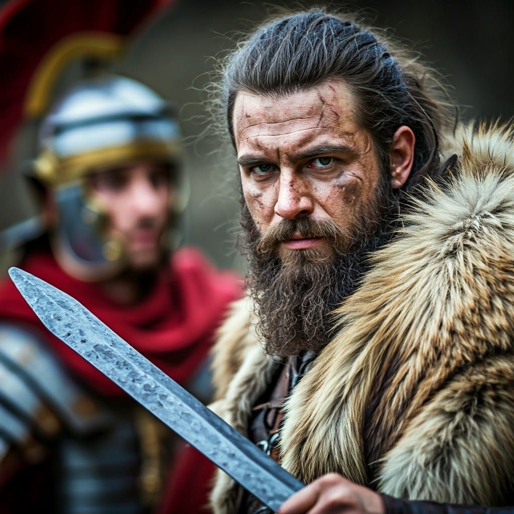 Barbarian Warrior Confronts Roman Soldier in Epic Close-Up