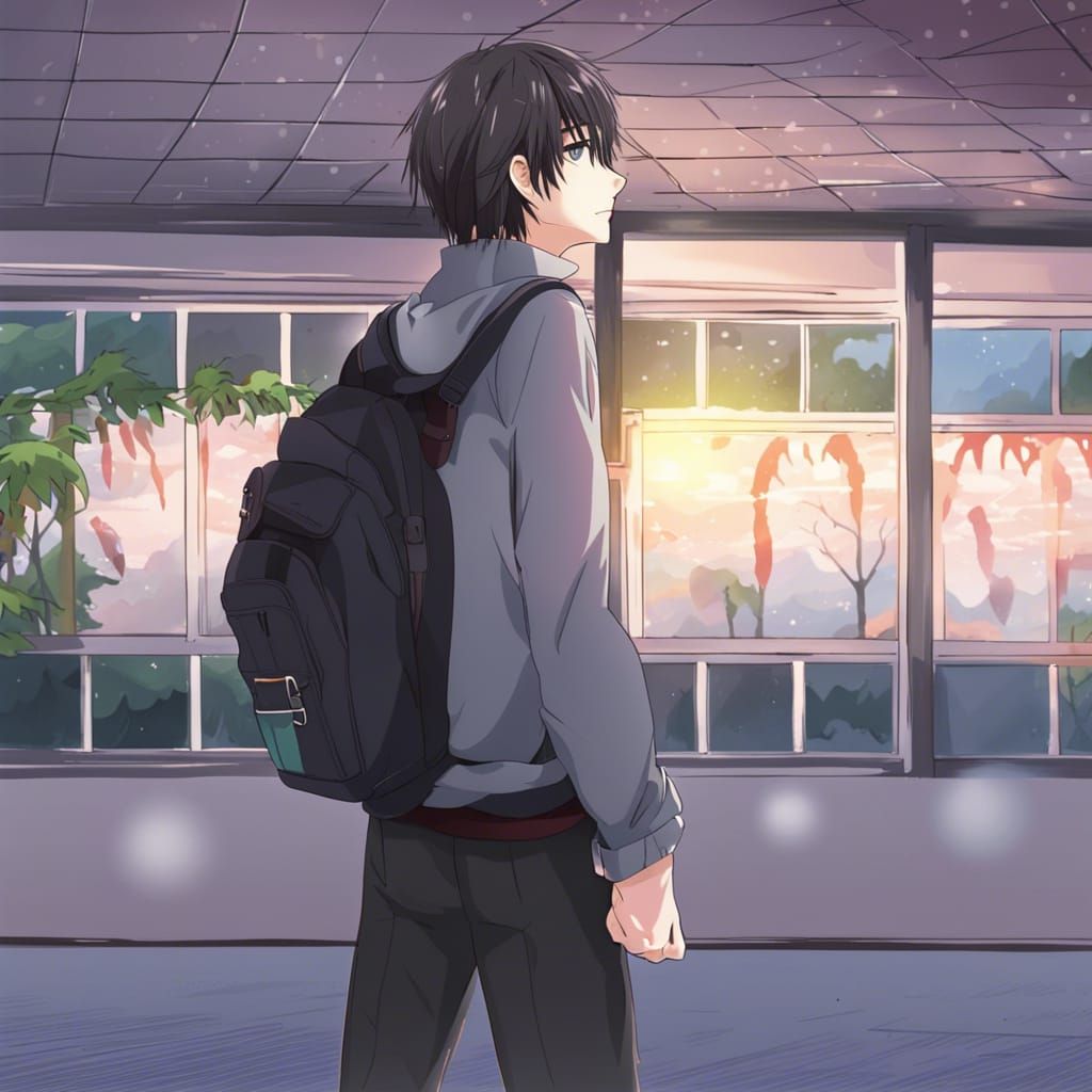 Sad Anime Boy Walking to School