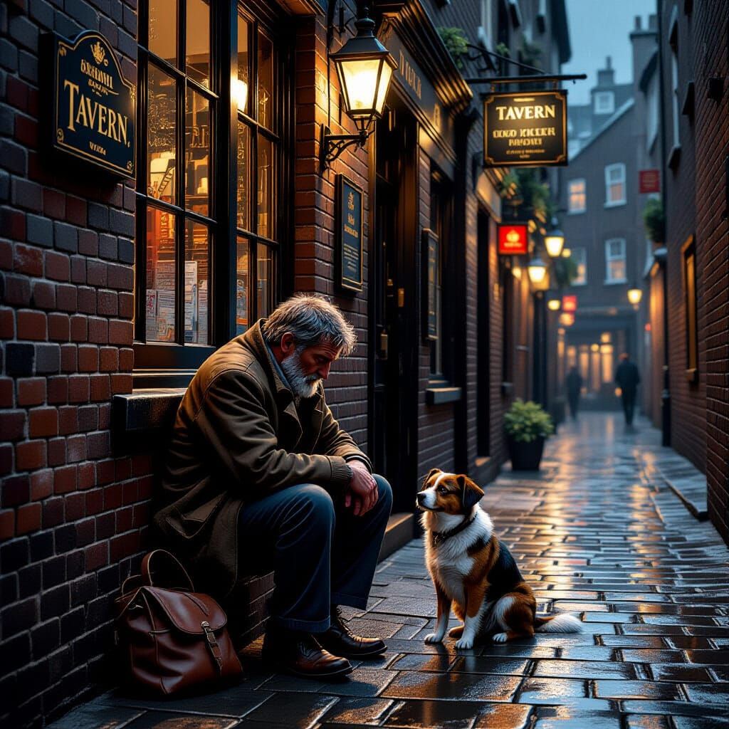 Man Begging in Rainy London Alleyway