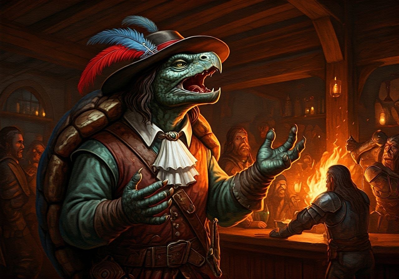 Tortle Bard Performs in Fantasy Tavern, Baroque Oil Painting