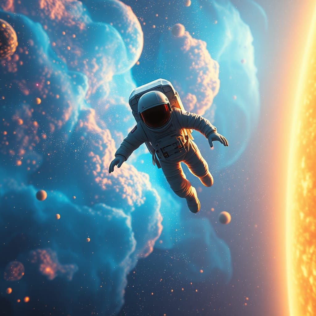 Astronaut Soaring Through Iridescent Nebula