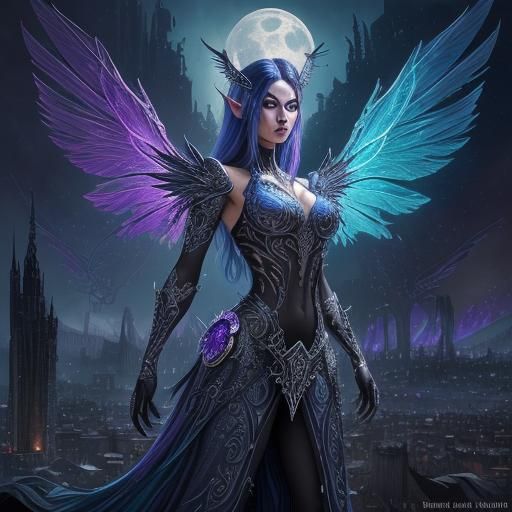 Fairy Elf in Dystopian City, Impasto Heavy Metal Art