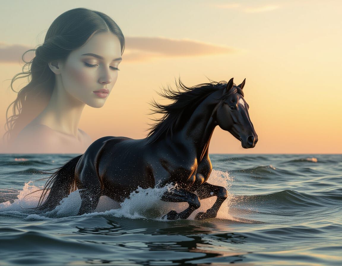 Black Horse Emerges from Ocean with Ethereal Woman