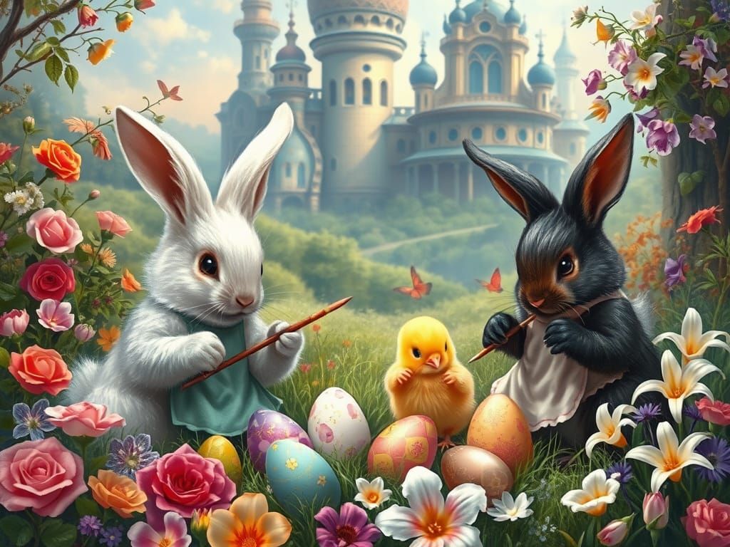 Easter Bunnies Painting Eggs in Vibrant Meadow