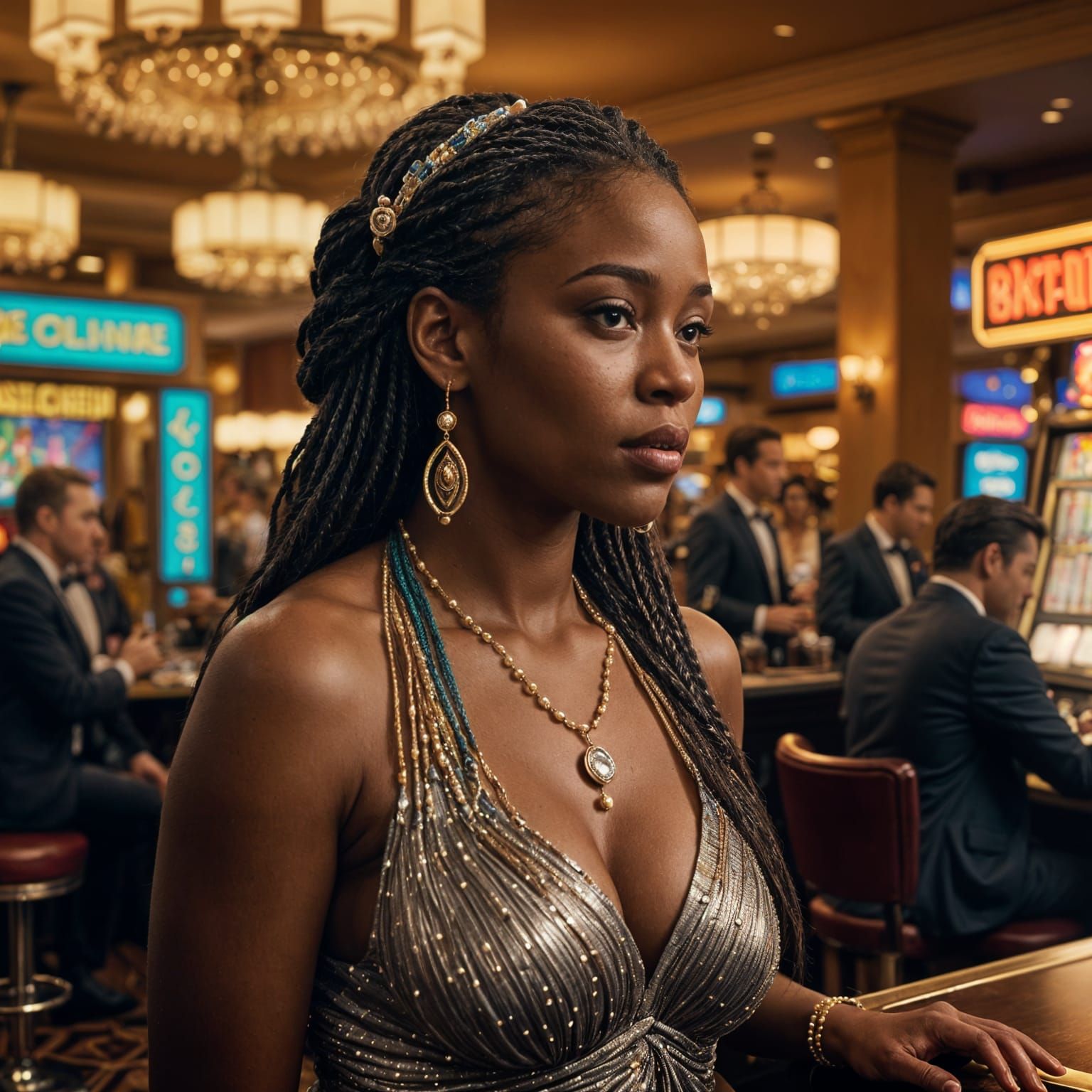 Glamorous Haitian Woman in Casino Attire, Close-up of Braide...