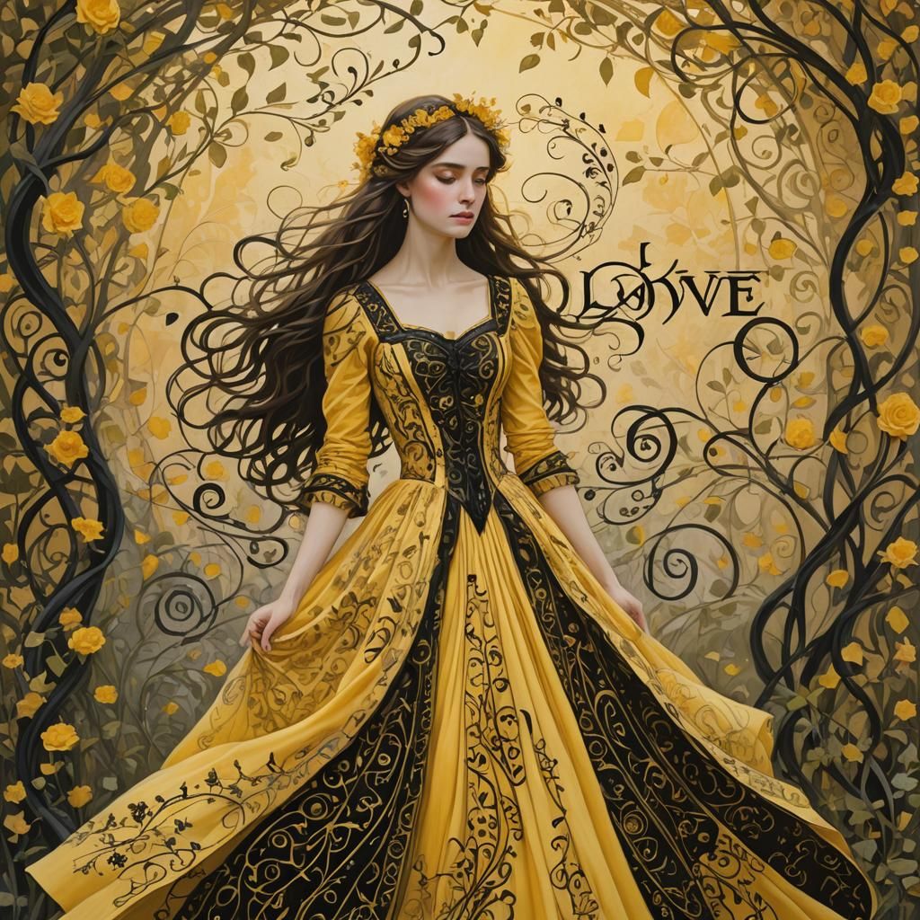 Girl in Gothic Calligraphy Dress in Dreamlike Setting