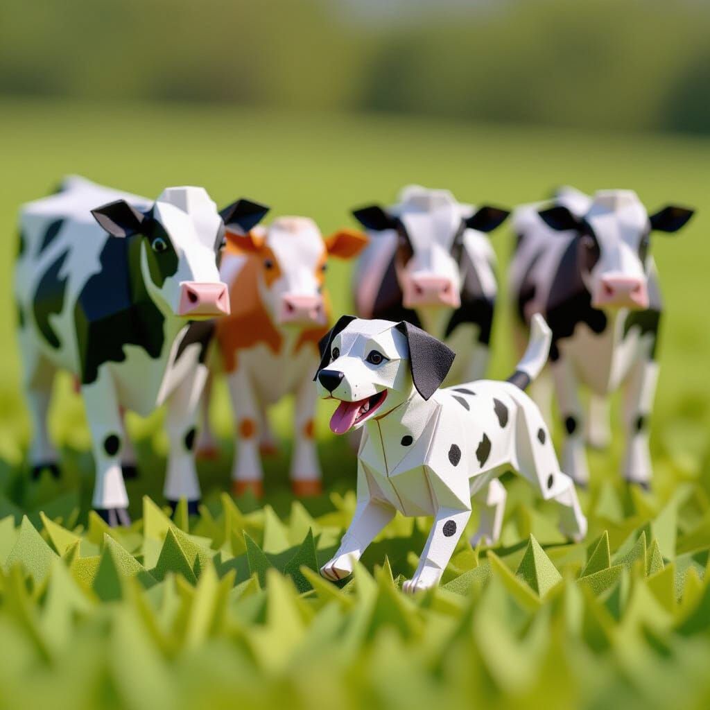 Origami Dalmatian Dog Plays With Cows in Miniature Scale Mod...