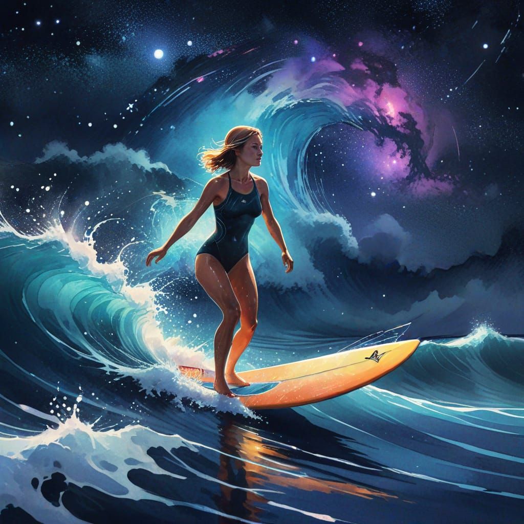 Surfer Woman Under Stars: Cinematic Watercolor