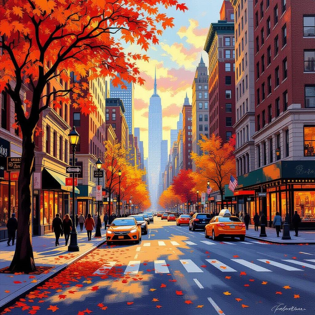 Autumn Glow on NYC Streets in Impressionistic Style