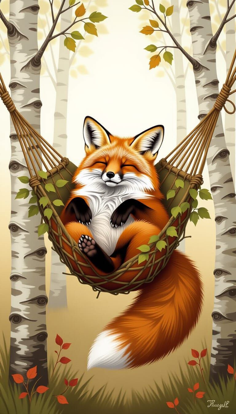 Fox in Hammock: Wildlife Illustration