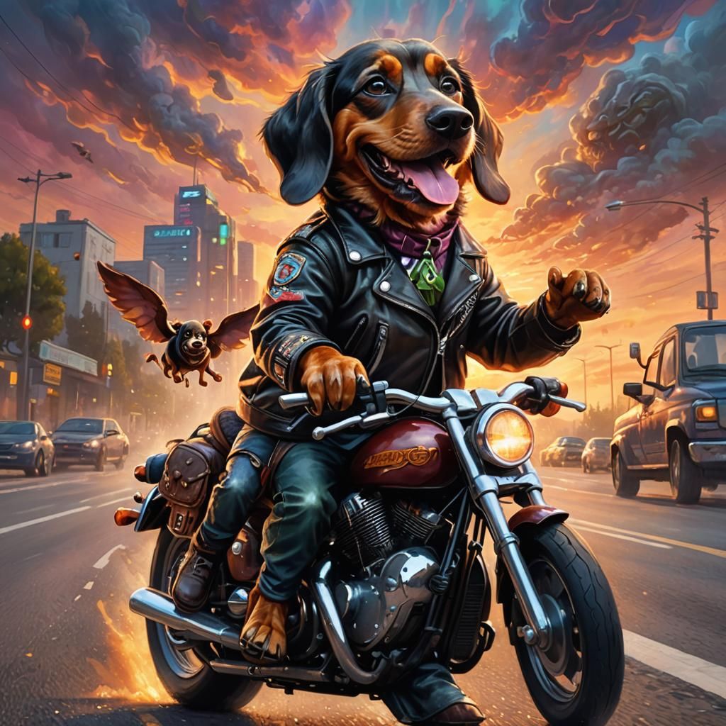 Pickle Rides Harley with Wiener Dog: Fantasy Art