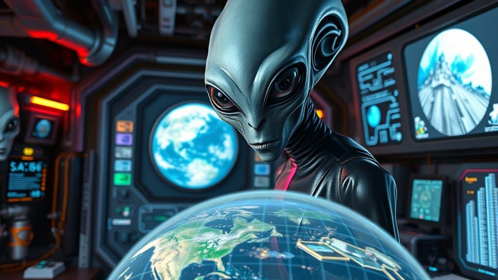 Grey Alien Stares Intensely in Futuristic Lab