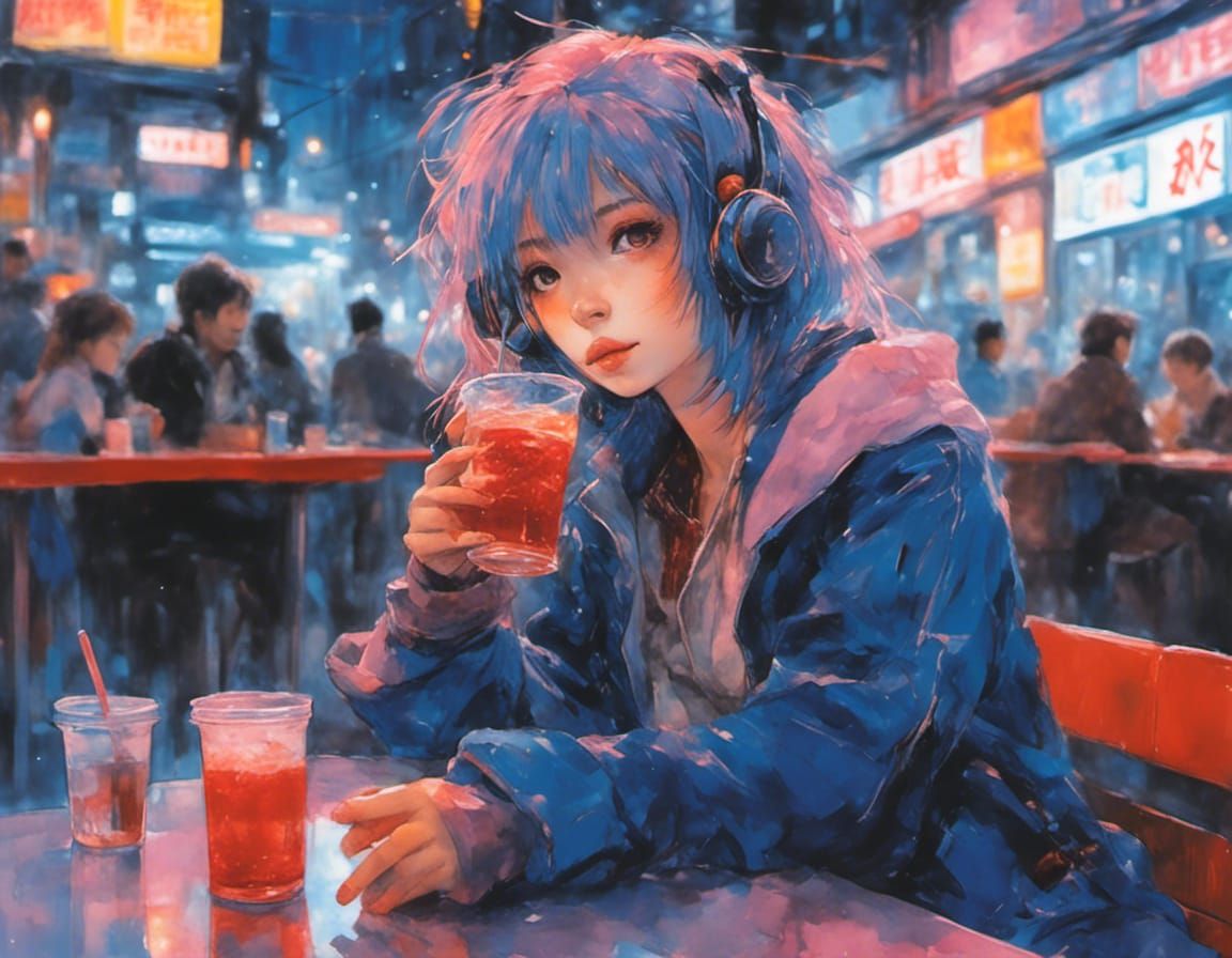 Cyberpunk Cosplay Girl in Neo Tokyo Cafe
