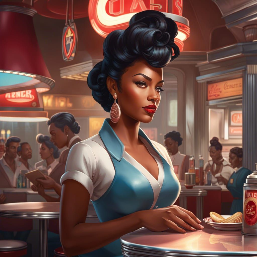 1950s Diner Waitress Portrait in Digital Art Style