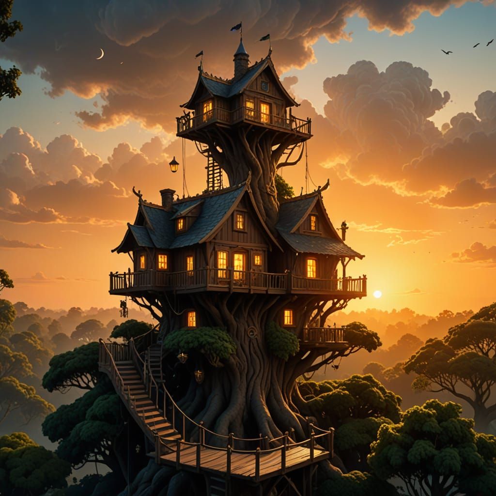 Majestic Tree House in Golden Hour Light