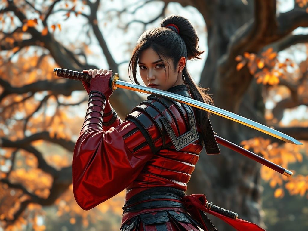 Sensual Samurai Maiden in Vibrant Red Armor, Ready to Strike