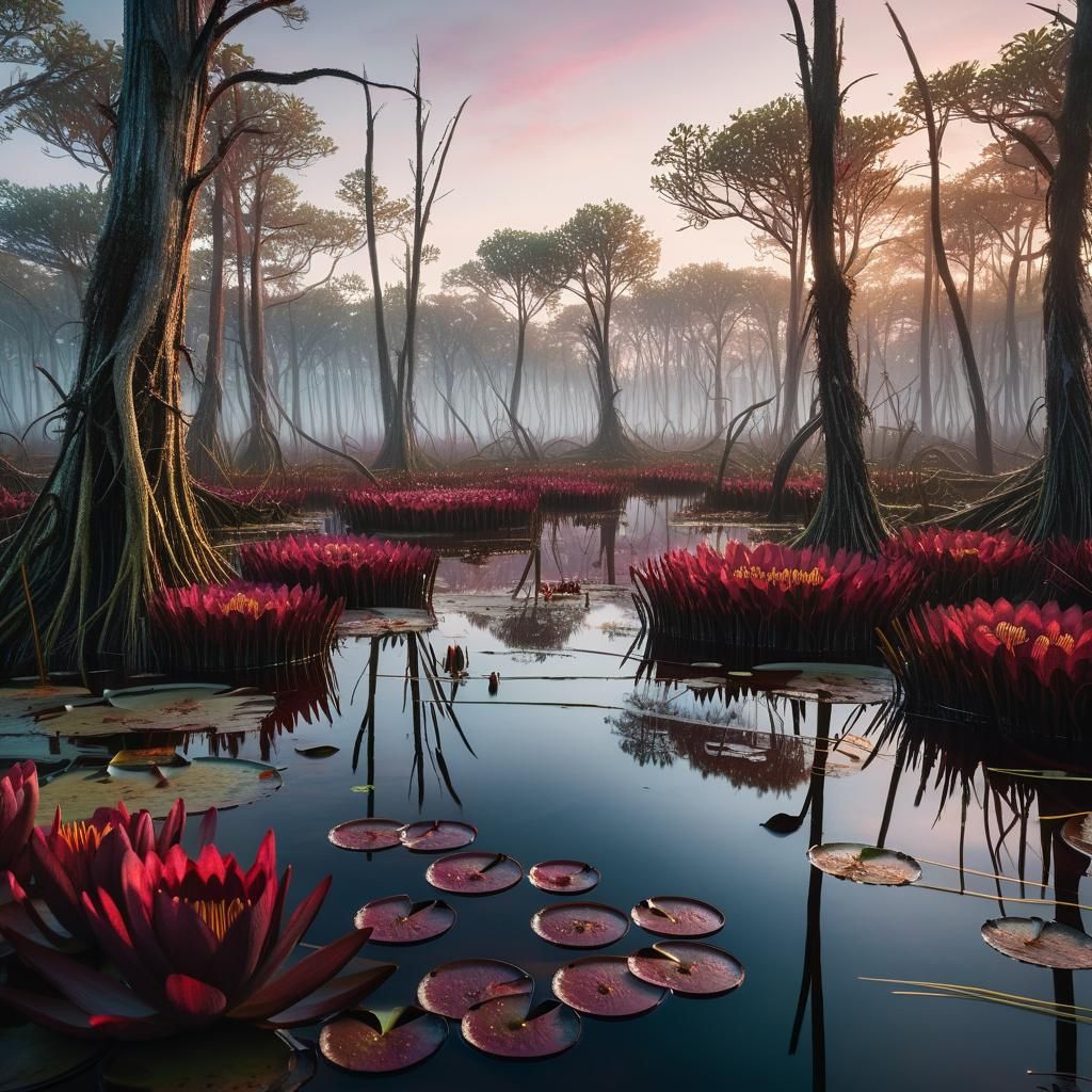 Vibrant Bog Landscape in Golden Hour Light