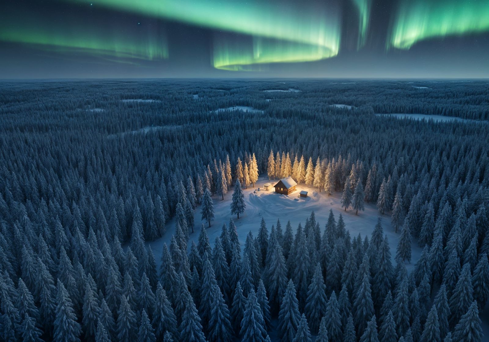 Winter Taiga Cabin with Northern Lights