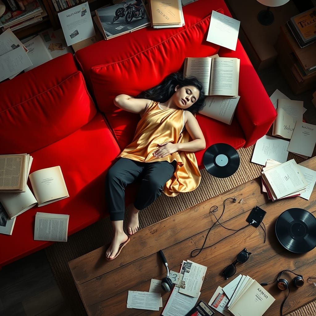 Woman in Golden Saree Asleep Amidst Creative Chaos
