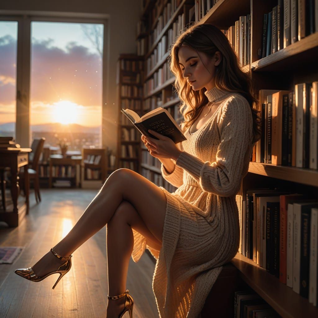 Woman in Knitted Dress Reading in Modern Library
