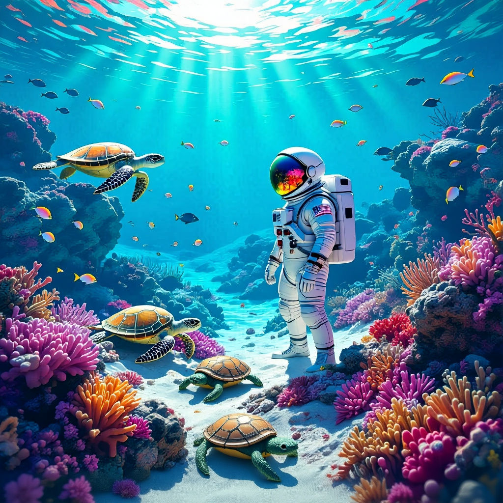 Astronaut on Coral Reef: Detailed Matte Painting