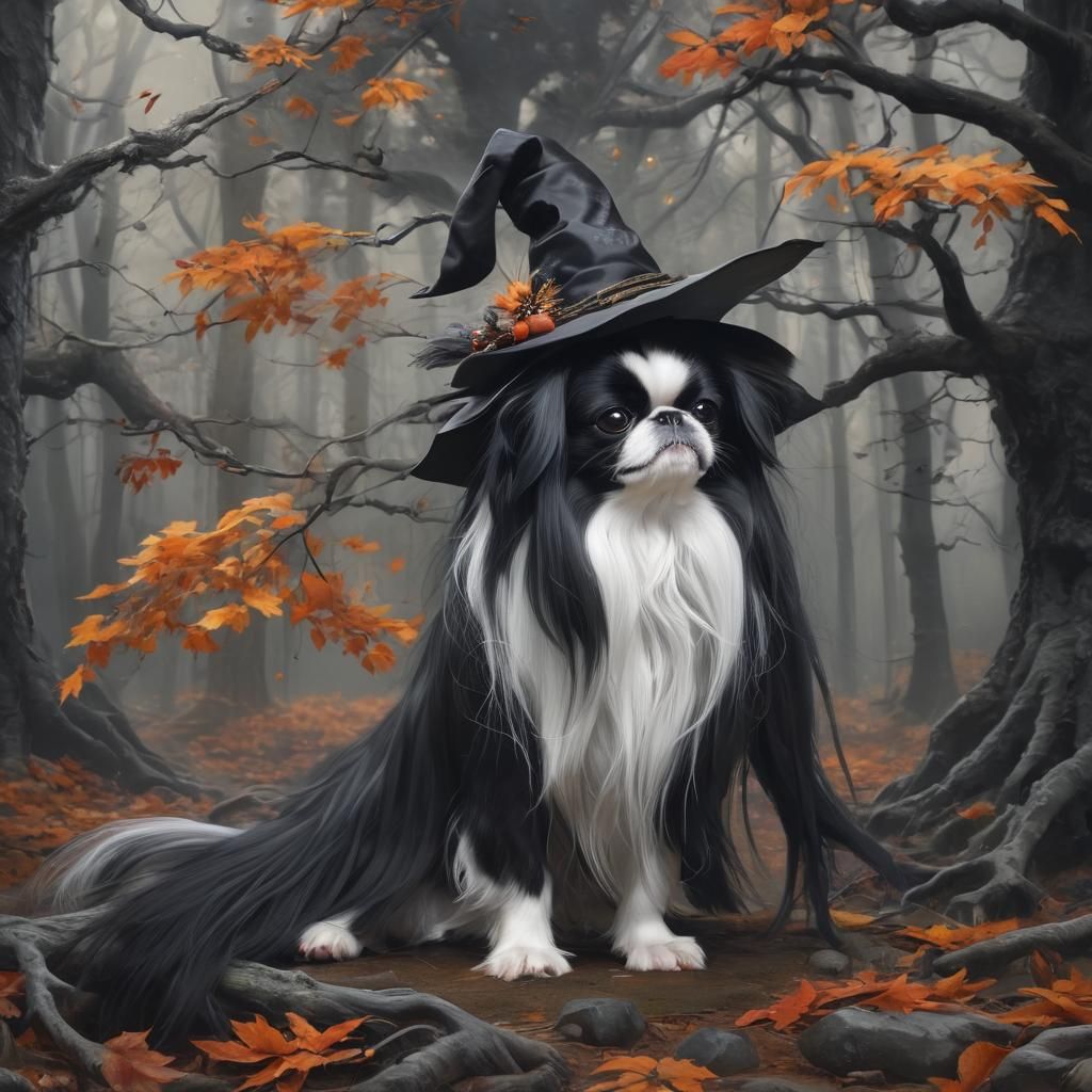 Japanese Chin Witch in Spooky Forest, Fantasy Art
