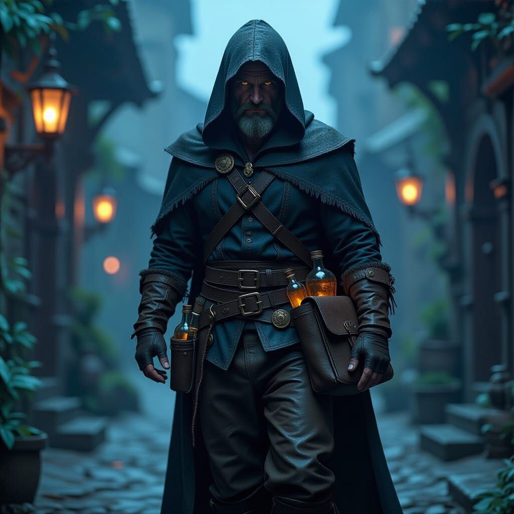 Alchemist in Dark Fantasy Setting, Detailed Digital Art