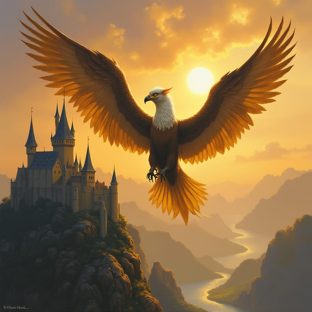 Griffin Soaring Above Medieval Castle in Fantasy Art