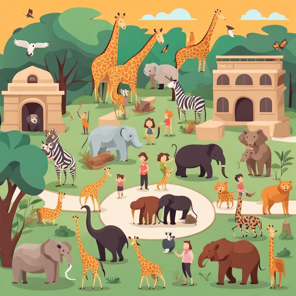 Lively Zoo Scene with Animals and Visitors