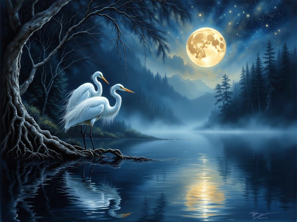 Serene Midnight Egrets in Misty Blue Water with Golden Moon