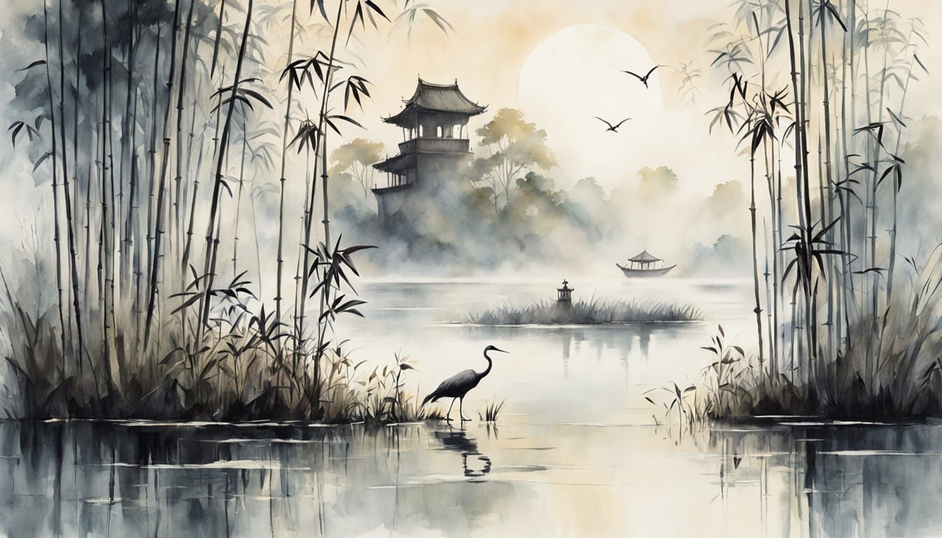 Serene Chinese Watercolor of a Fisherman in Mist