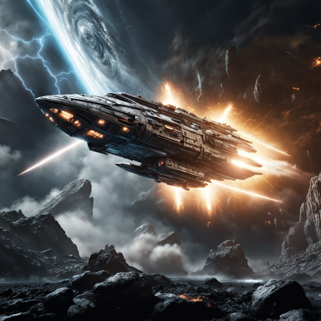 Spaceship in Meteoric Storm: Realistic Sci-Fi Art