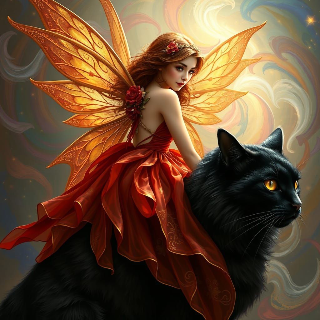 Ethereal Fairy Perched on Majestic Cat