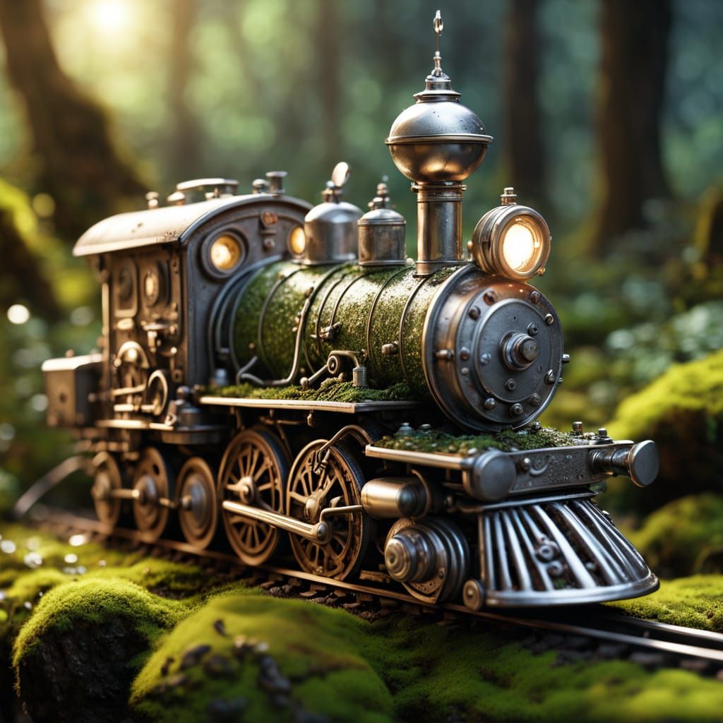 Macro Photo of Clockwork Train in Mossy Forest