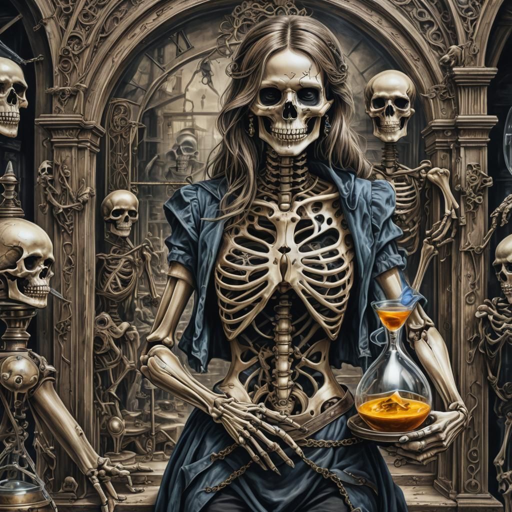 Hourglass Captivity: Macabre Hyperrealistic Digital Art