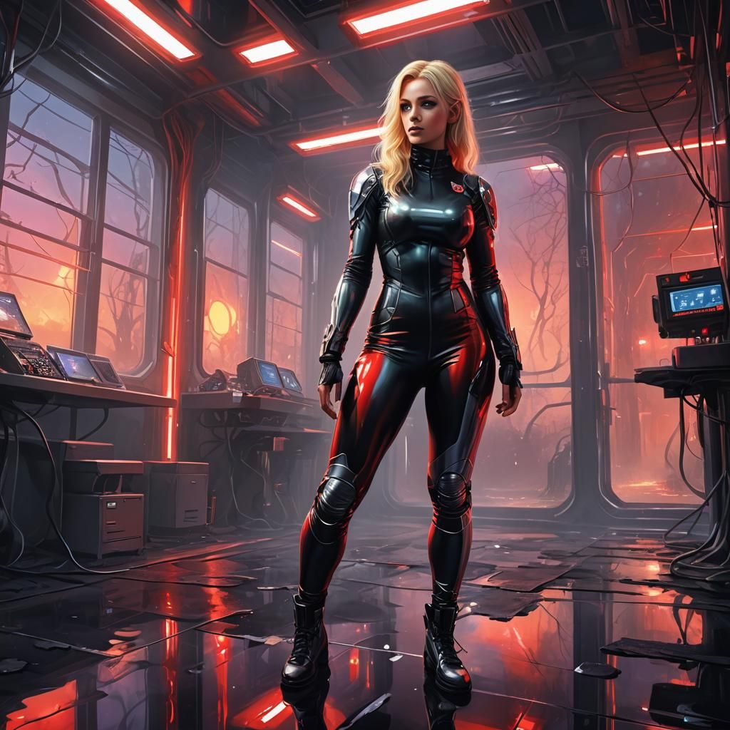 Cyberpunk Woman in Sci-Fi Lab with Sunset Lighting