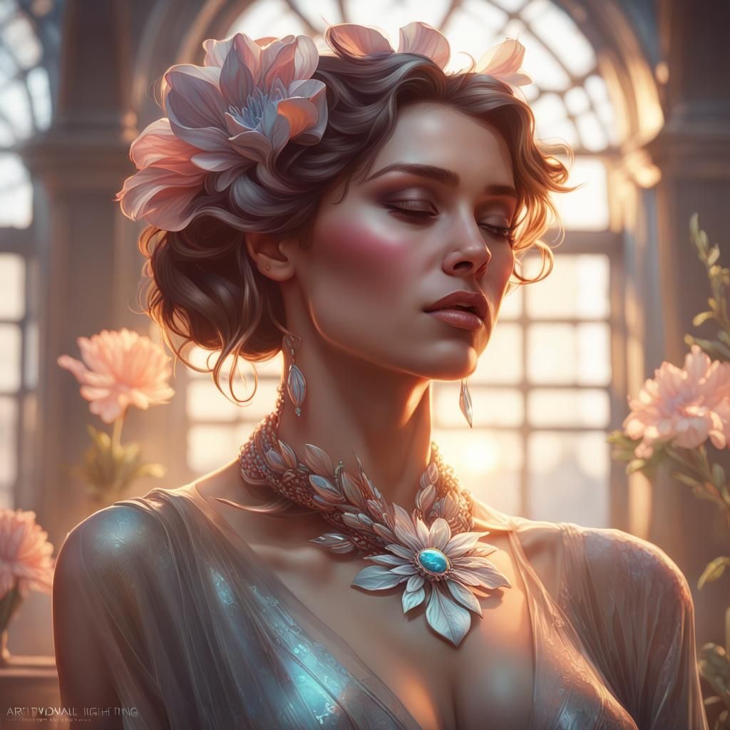 Woman in Metal Flowers: Hyperdetailed Portrait