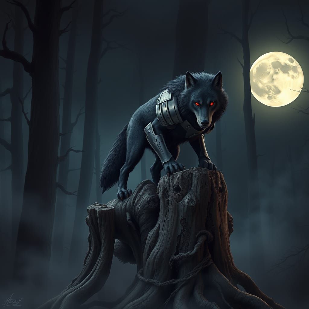 Wolf in Cyberpunk Armor Crouches in Haunting Forest Scene