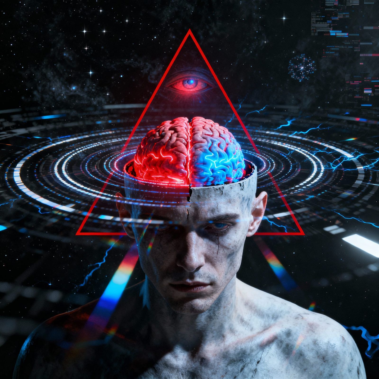 Man's Head Split Open Revealing Pulsating Brain in Cosmic Sc...