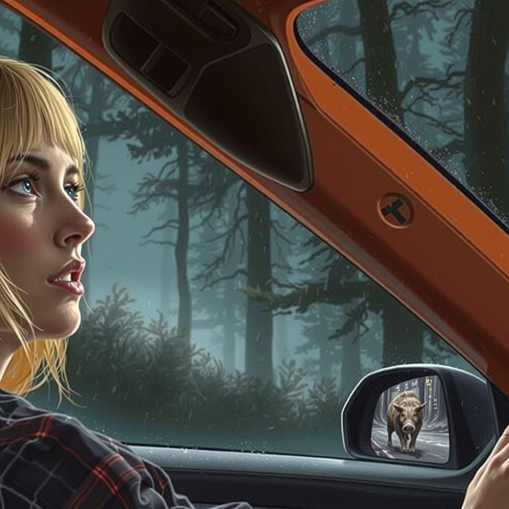 Anita, watching the boar in her rearview mirror, muttered, You're lucky I don't have more time today