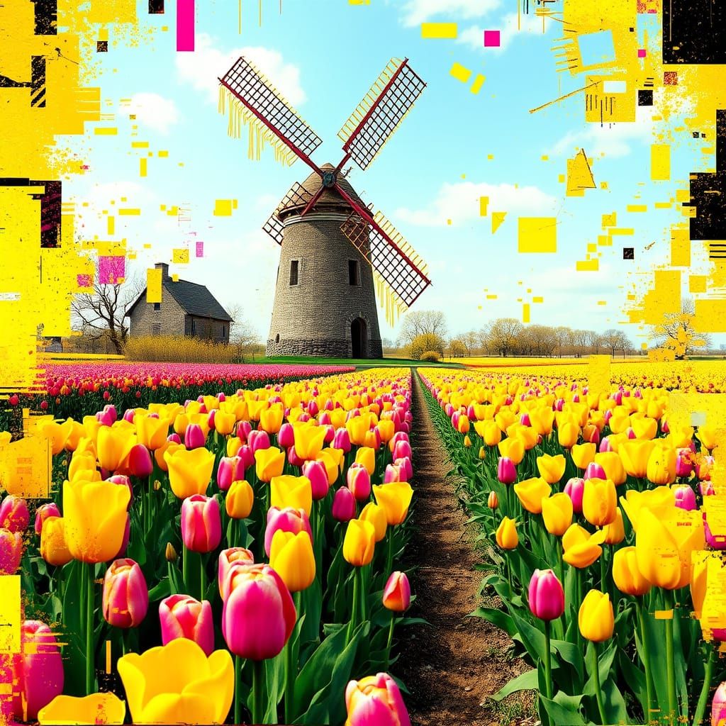 Fractal Tulip Field with Abandoned Windmill in Glitch Art St...