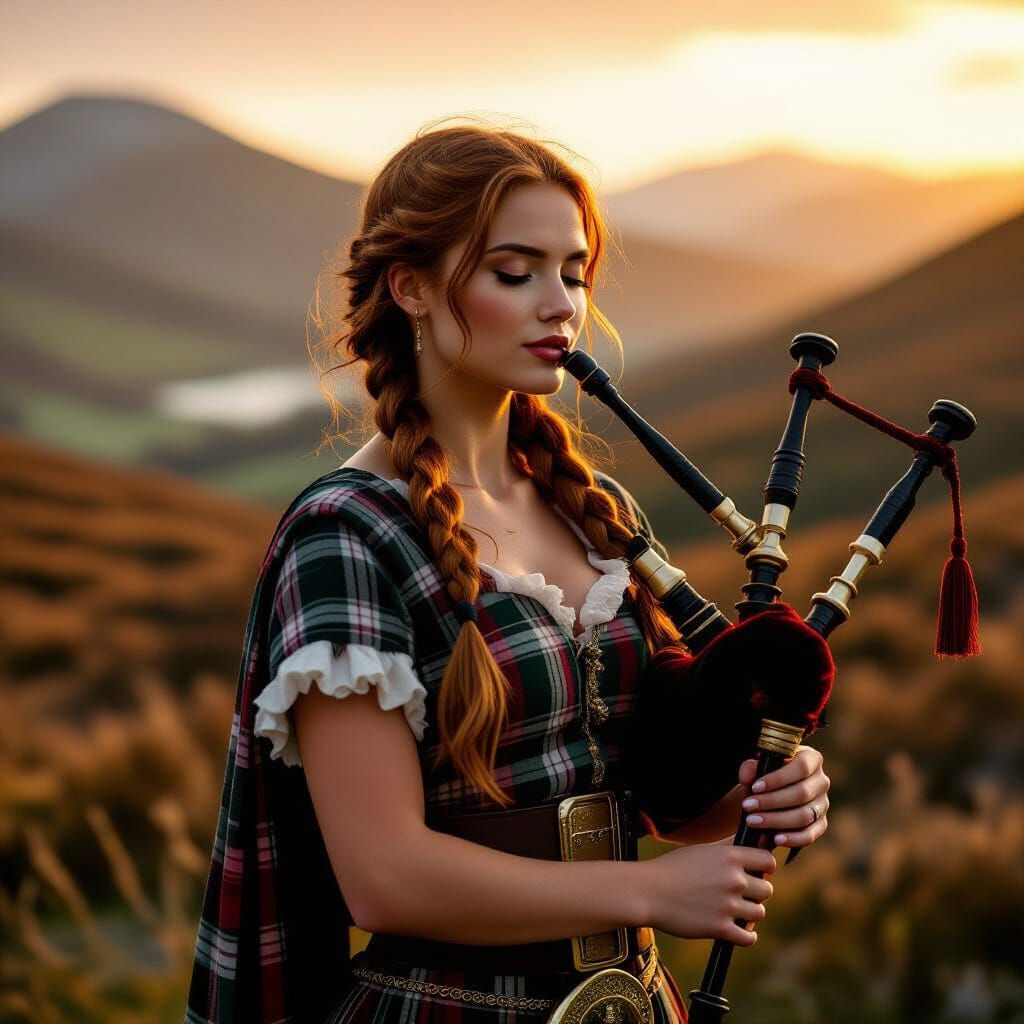 Woman in Kilt Playing Bagpipes in Scottish Highlands