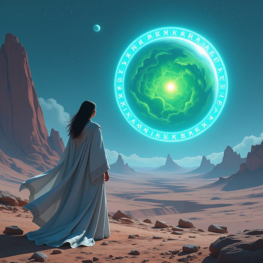 Woman Gazes Through Rune Portal to Lush World