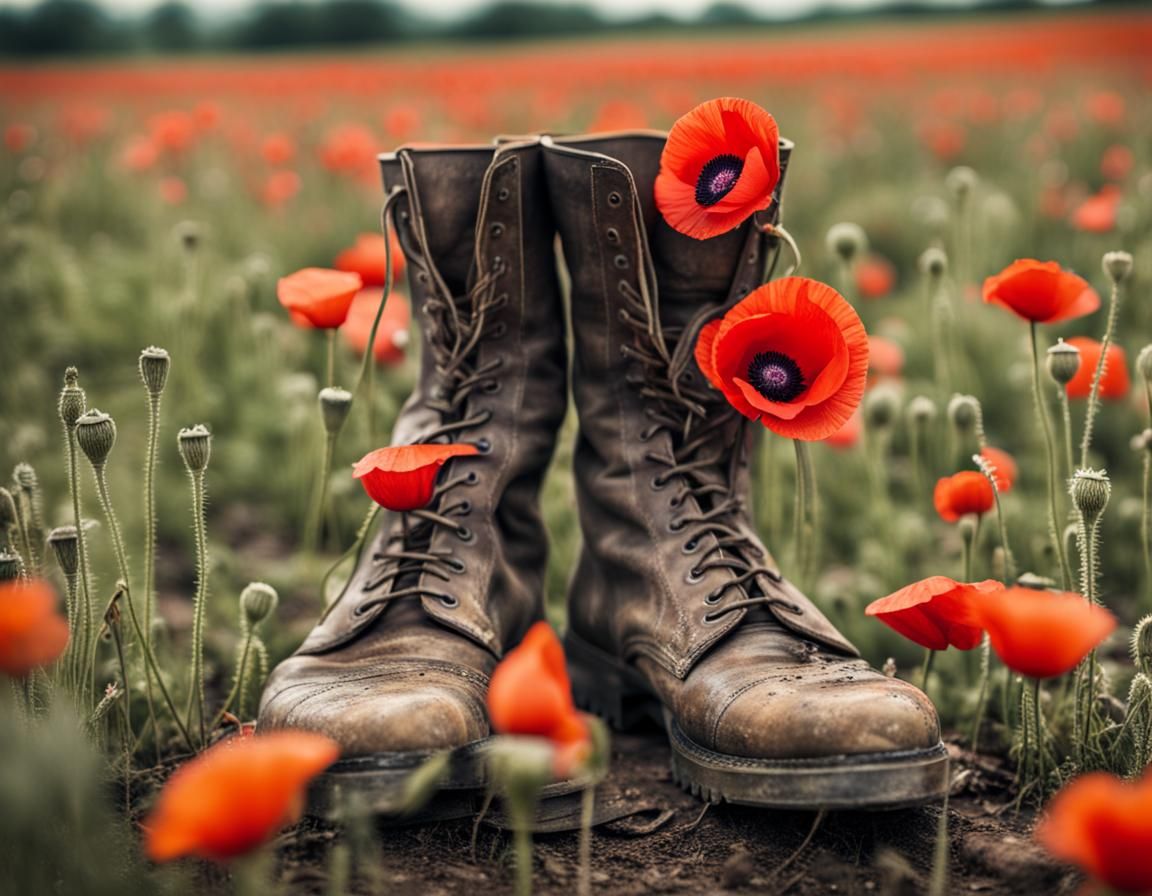 Poppy Field Still Life with Army Boots