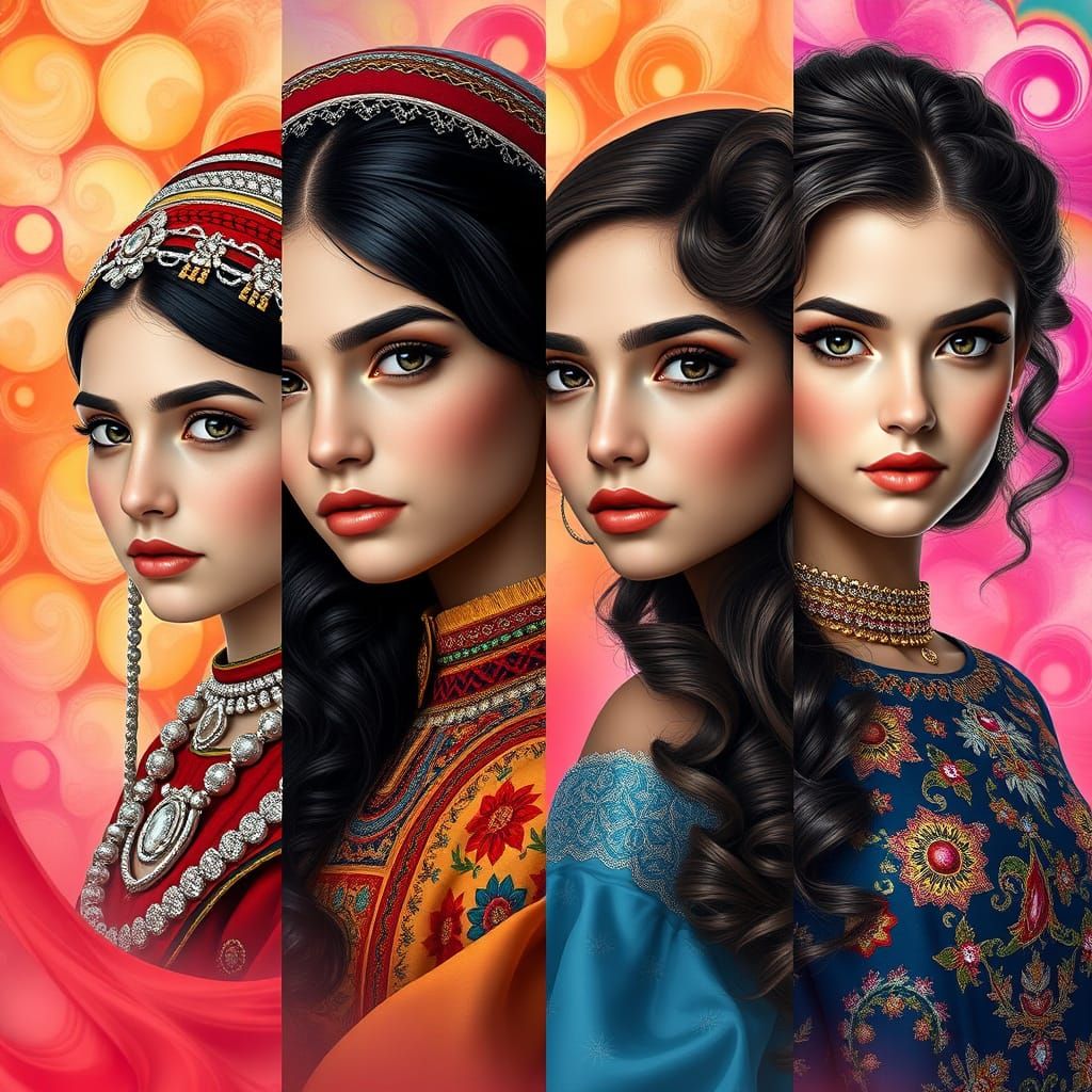 Portraits of Young Women from Caucasus Ethnic Groups in Vibr...