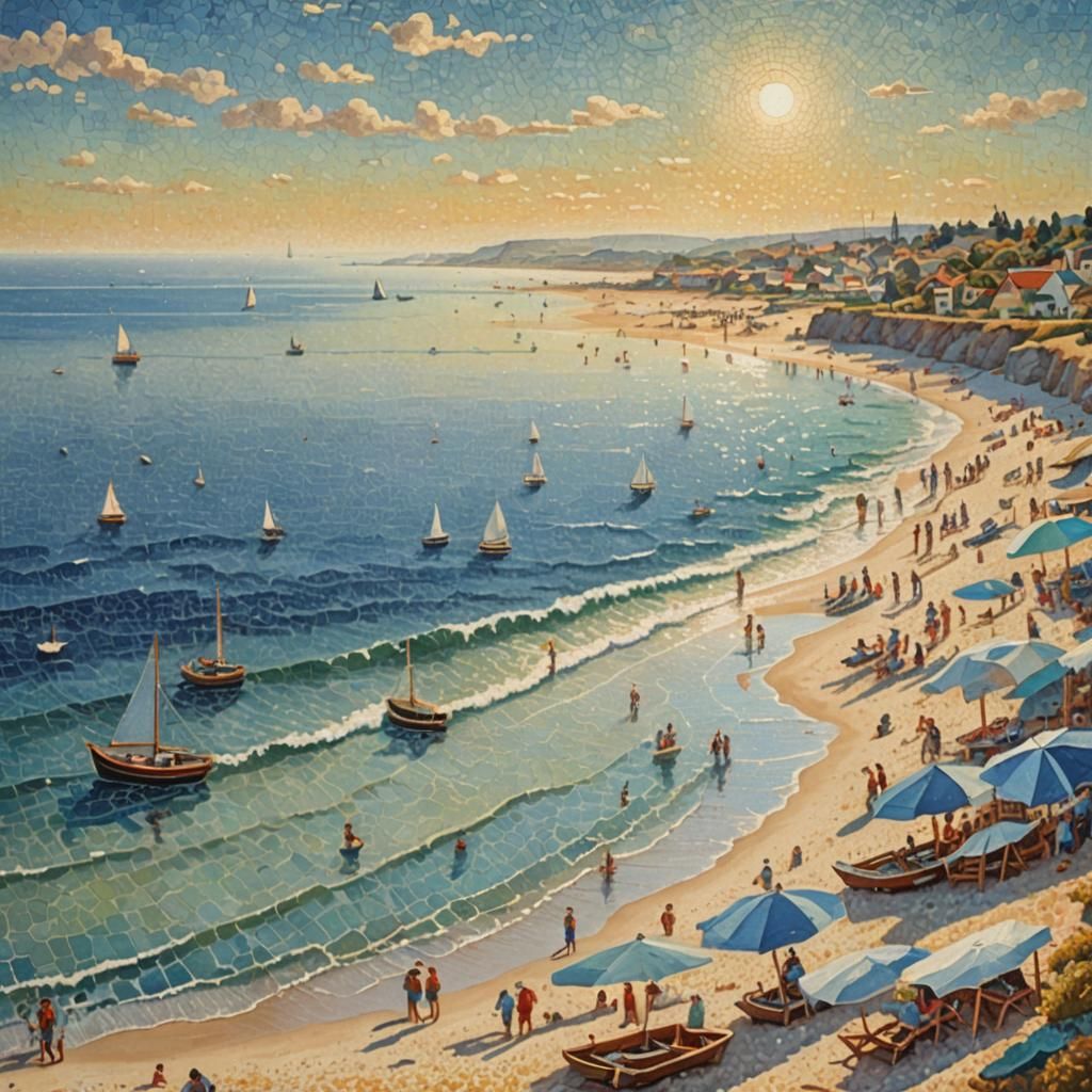 Pointillist Seascape with Pixelated Brushstrokes