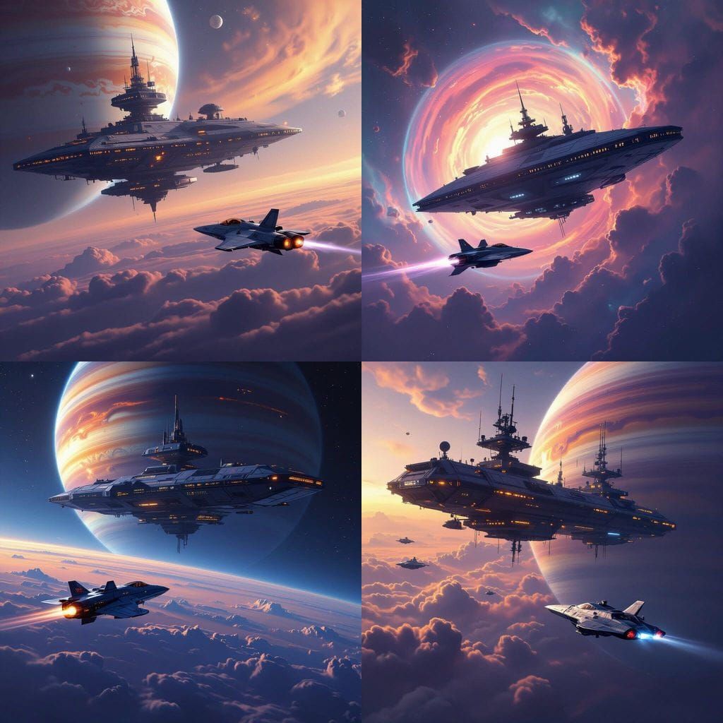 Space Station Hovers Above Gas Giant With Approaching Cruise...