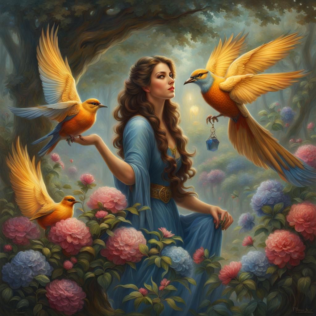 a painting of a woman holding a mysterious bird, beautiful digital art, fantasy digital art, highly detailed ethereal fa...