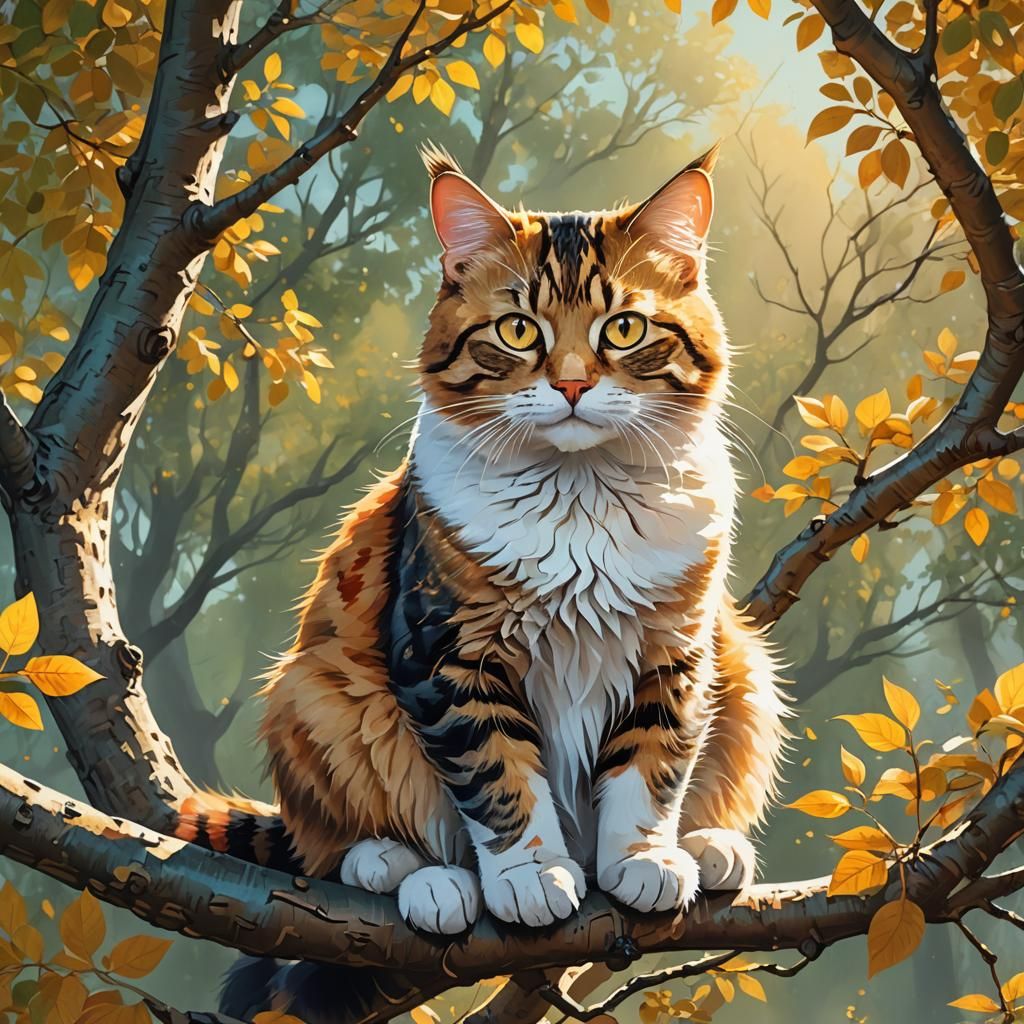 Curious Cat on Branch in Digital Painting Style